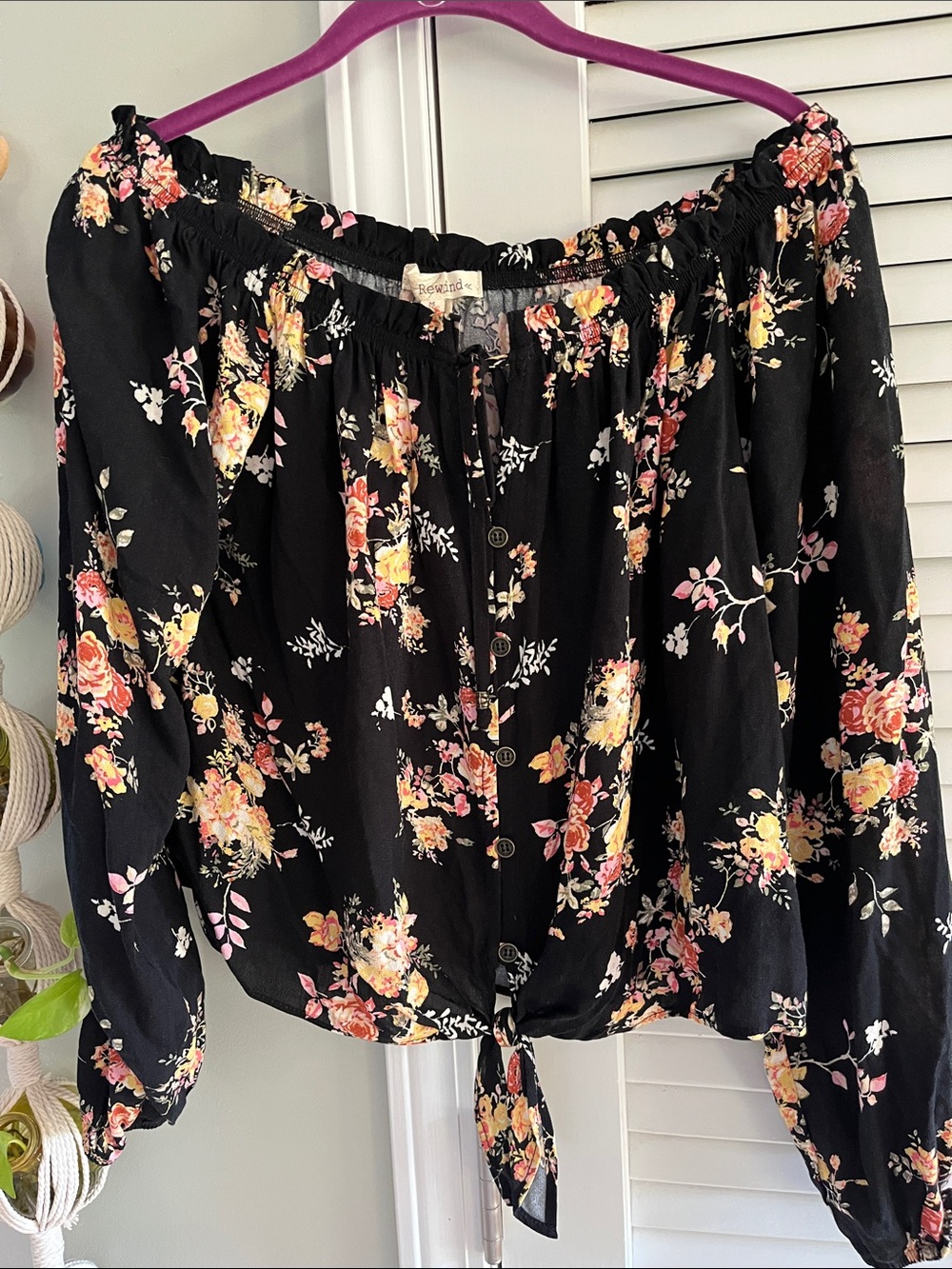 Rewind Black Floral Off-Shoulder Tie-Front Blouse